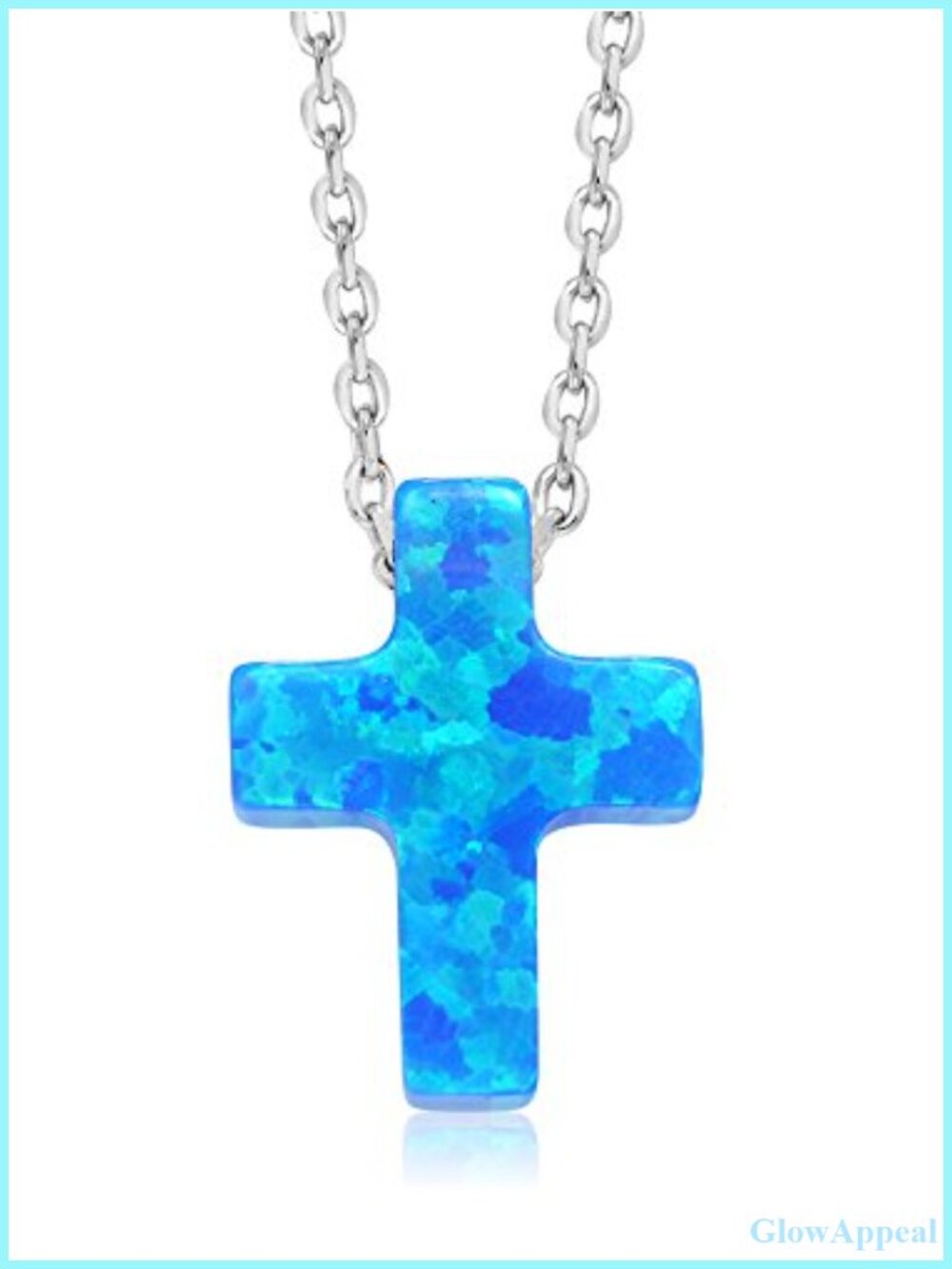 925 Sterling Silver Created Blue Opal Cross Pendant Necklace 18" Chain